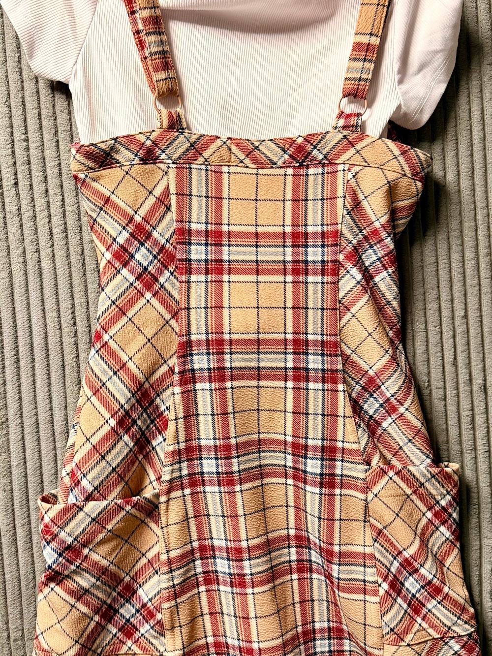 Girls No Comment Plaid Suspender Pinafore Dress in Beige and Red